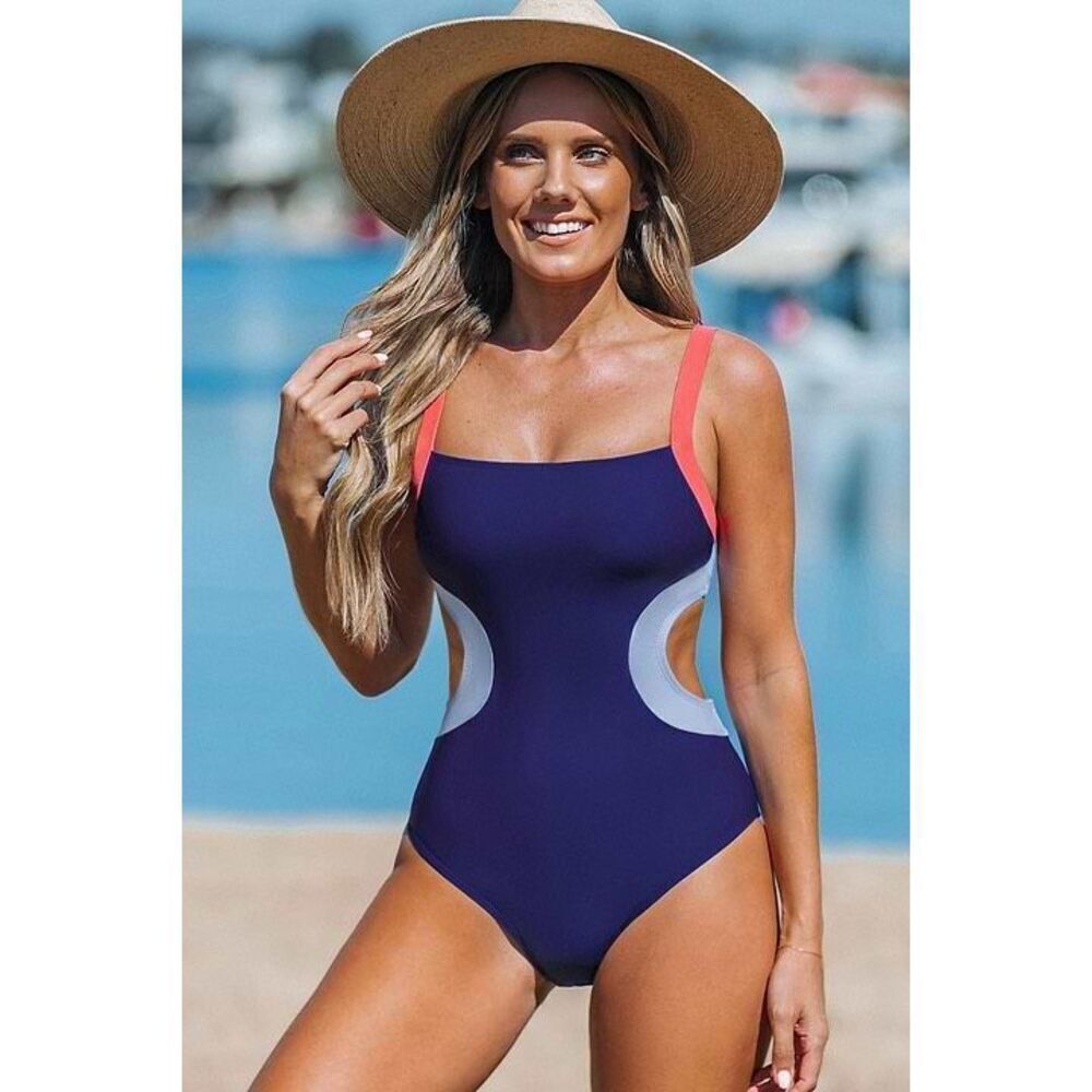 Cupshe Size L CutoutāOne Piece Swimsuit Blue Coral Colorblock Sporty Squareneck